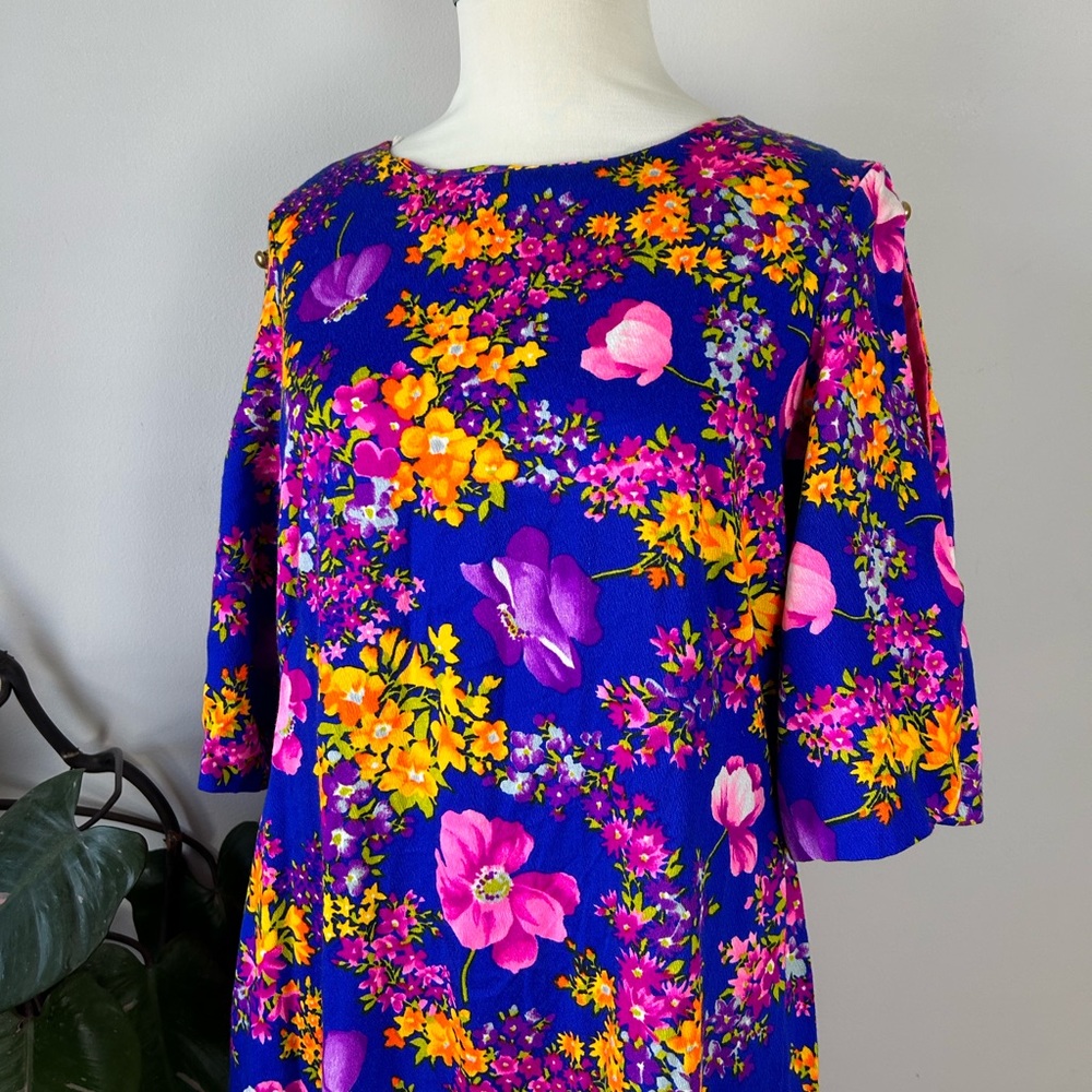 Vintage 70’s Hawaiian Vibrant Psychadelic Floral Print Barkcloth Long Maxi Dress